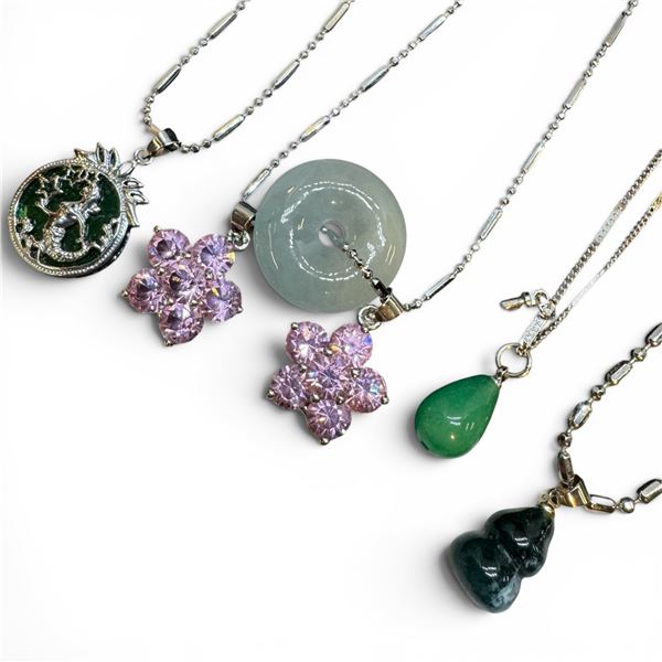 4 New 18K White Gold Plated Necklaces with Crystal or Jade Pendants