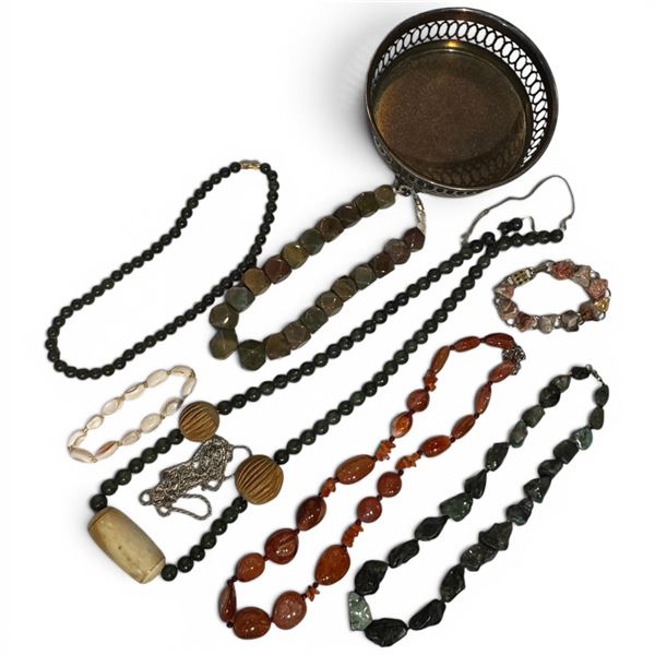 8.2 Grams of Scrap Sterling Chains, Natural Stone & Shell Bead Strands & Jewelry in a Vintage Silver