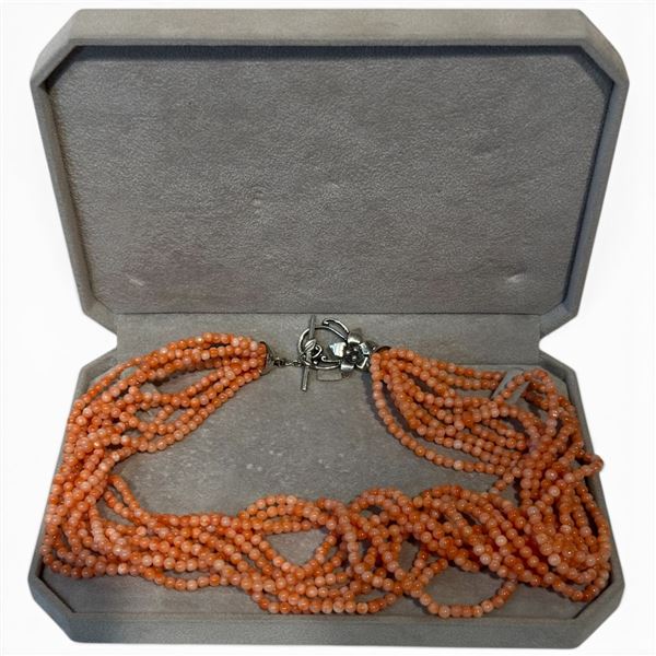 19" Multistrand Coral Necklace with Sterling Silver Floral Toggle Clasp - 19" long - 3mm beads