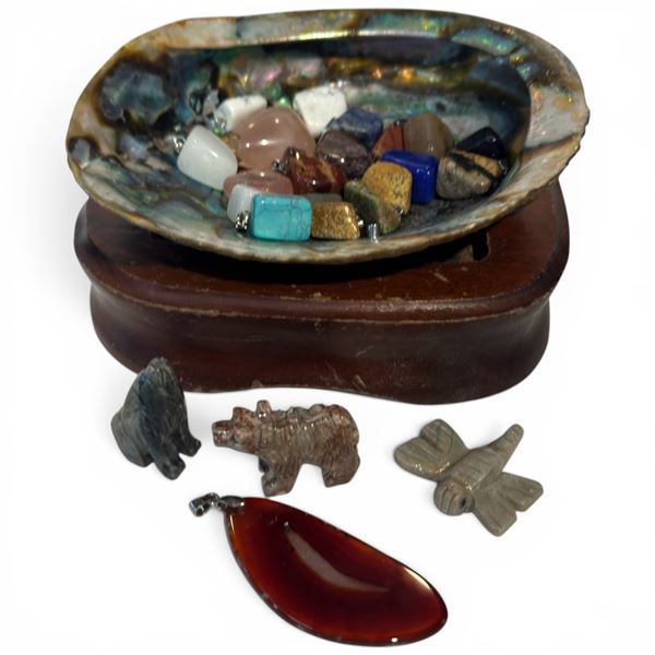 Abalone Shell on Stand with Polished Agate Pendants & a Few 1" Carved Animals