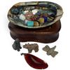 Image 1 : Abalone Shell on Stand with Polished Agate Pendants & a Few 1" Carved Animals