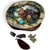 Image 3 : Abalone Shell on Stand with Polished Agate Pendants & a Few 1" Carved Animals