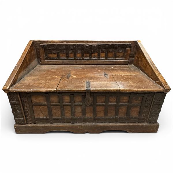 Vintage Wood Coffer Bench 47.5x27x27" with Iron Accents and Storage