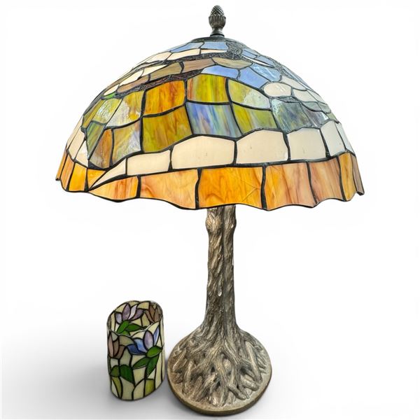 Gorgeous Tiffany Style Table Lamp with Sculpted Tree Trunk Style Base 28" Tall & Candle Holder