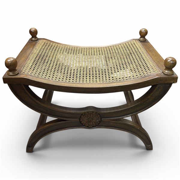 Antique-Style Curule Stool Featuring Woven Rattan Seat and Carved Wooden Details 25.5x17x19"