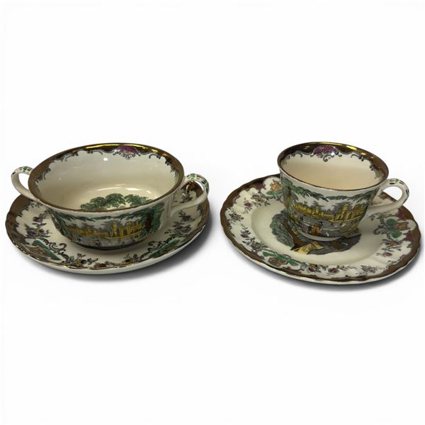Group of 4 Vintage English "Leeds" China - Teacup, Soup Cup with Saucer and Side Plate