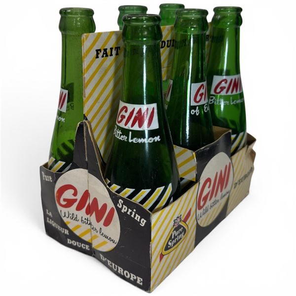 6 Pack of Vintage French Gini Soft Drink Bottles in Original Carrier - Empty Bottles