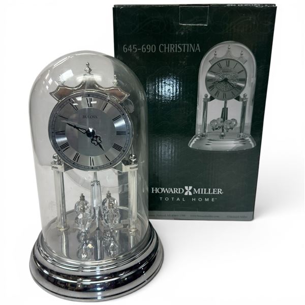 New in Box Howard Miller Christina Tabletop Clock - 22.9 cm tall x 15 cm diameter - Glass Dome