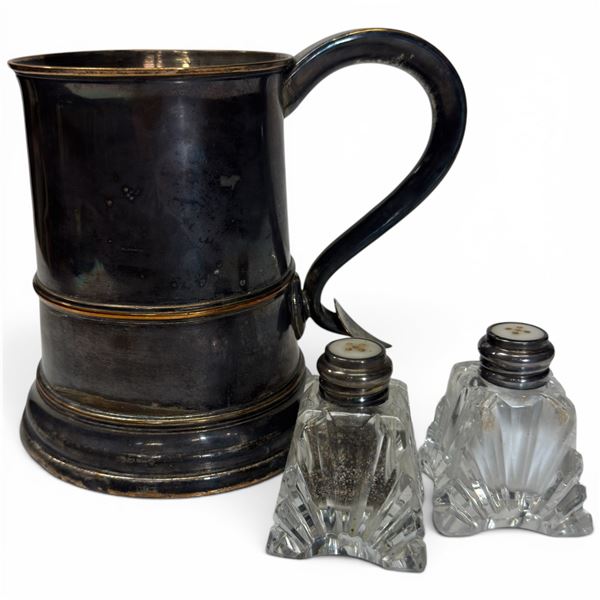 Sterling & MOP Topped 2.75" Salt & Pepper & Antique Silver Plated Copper Tankard