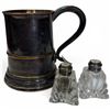 Image 1 : Sterling & MOP Topped 2.75" Salt & Pepper & Antique Silver Plated Copper Tankard
