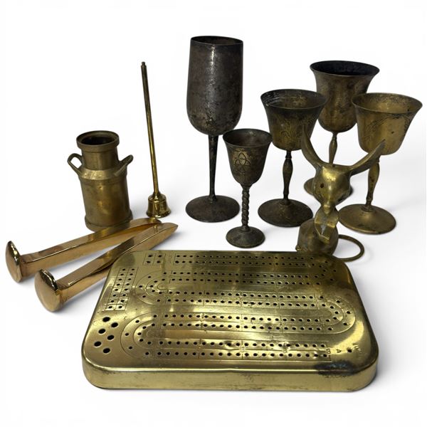 Group of Brass Collectibles - Goblets, Spikes, Mouse, Cribbage Board and More