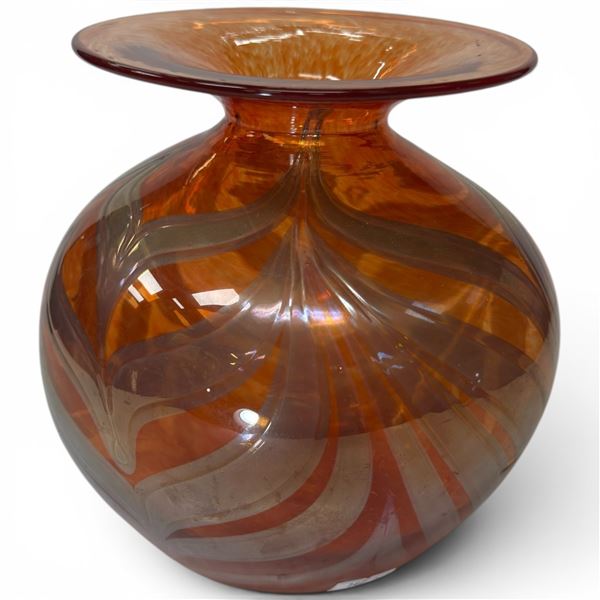 Signed Art Vargas Blown  Glass Vase with Chevron Stripes - 7.5" Tall  7.5" Diameter
