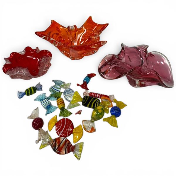 3 Mid-Century Art Glass Ashtrays (1 is full of glass candies) Red with metallic fleck, pink, Chalet
