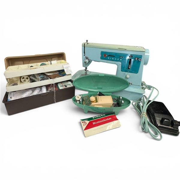 Vintage Singer Portable Electric Sewing Machine with Accessory Kit and Container of Thread