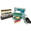 Image 1 : Vintage Singer Portable Electric Sewing Machine with Accessory Kit and Container of Thread