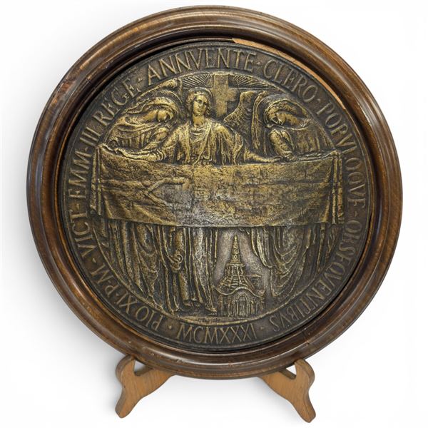 Edouardo Rubino Bronze Commemorative Plaque for the 1931 Shroud of Turin Exhibition - Wood Backed 12