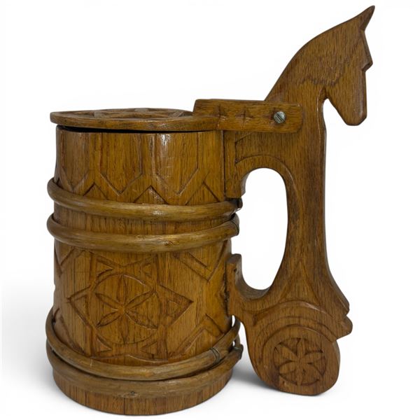 Large Carved Wood Stein with Horse Handled - 10" tall x 5" diameter