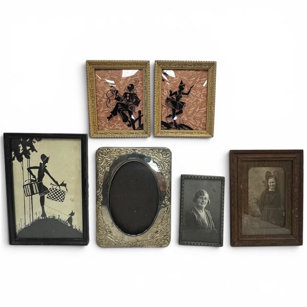 5 Petite Vintage Framed Items - Embossed Silver Plate Photo Album (8" x 5"), Two 1950s Reverse Paint