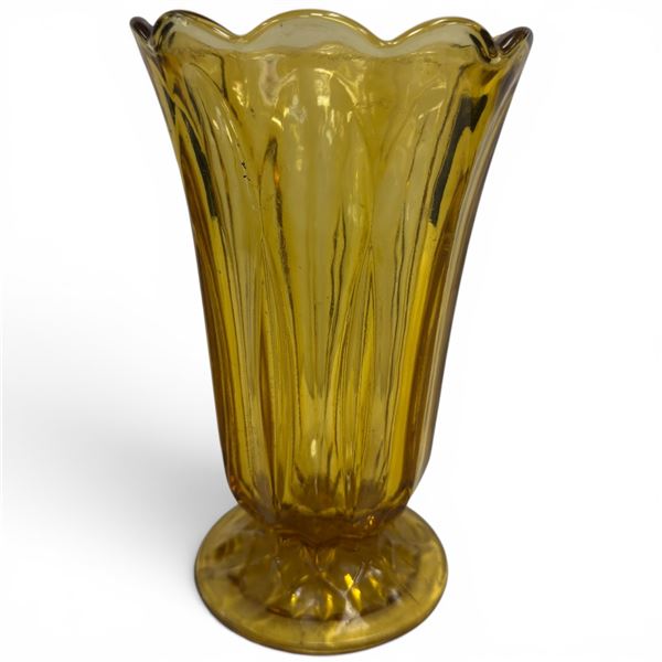 Mid-Century Amber Glass Scalloped Vase - 8.5" tall