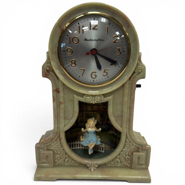 1950s Mastercrafters "Girl on a Swing" Motion Clock - Marbleized Celluloid - 3" x 7.5" x 10.5" tall