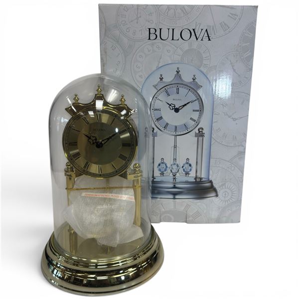 New in Box Bulova "Tristan I" Revolving Pendulum Glass Dome Clock - 9" tall x 6" diameter