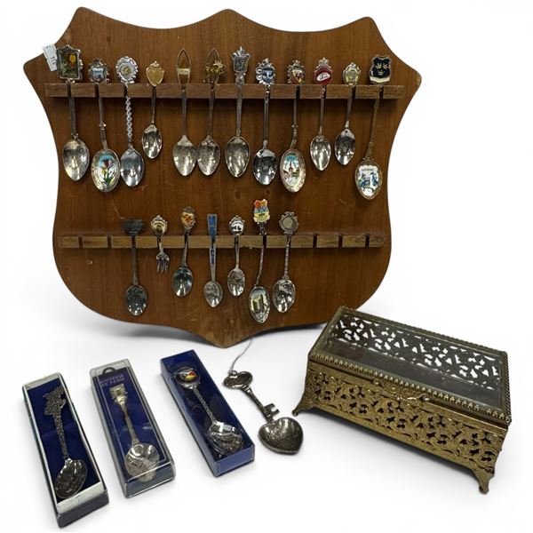 Gilt Jewelry Box Full of Assorted Souvenir Spoons - Glass topped trinket box measures 4" x 6' x 3" t