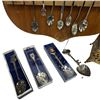 Image 2 : Gilt Jewelry Box Full of Assorted Souvenir Spoons - Glass topped trinket box measures 4" x 6' x 3" t