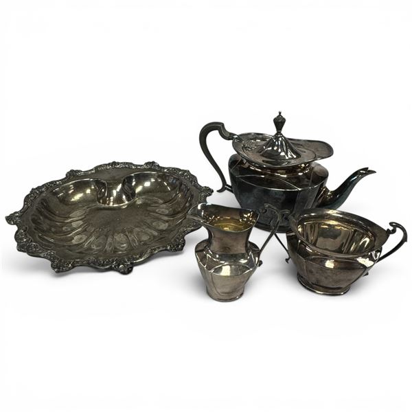 Vintage Silver Plated Tea Service & Scalloped Serving Dish