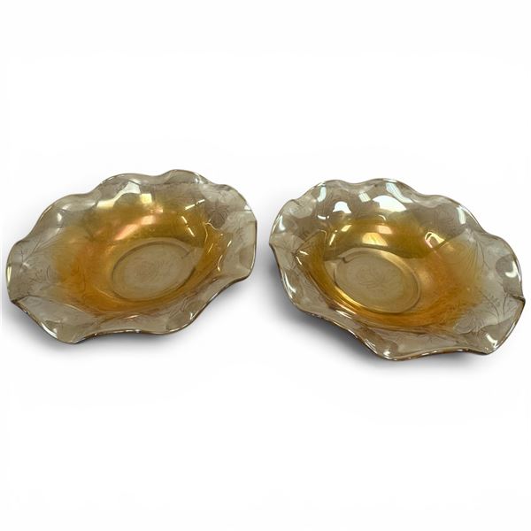 2 Depression Glass Iridescent Floragold Bowls by Jeanette Glass - 10" diameter