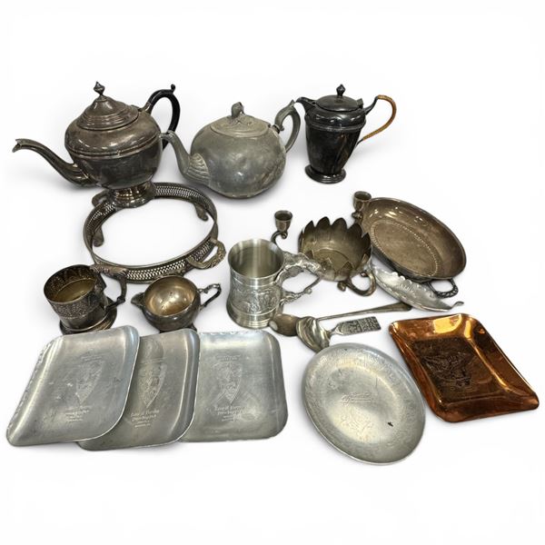 Shelf Lot of Vintage Tableware  Tin, Silver Plate and More - Featuring a Nice Pewter Elephant Tanka