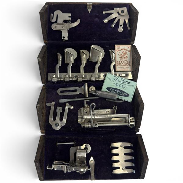 Antique Singer Wood "Puzzle Box" Sewing Machine  Attachment Kit - Box is stamped "Patented 1889"