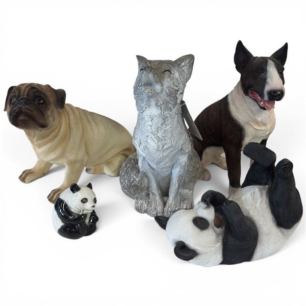 Shelf of Wolf, Dog Statues and Panda Figurines - Variety of Materials - Tallest is 12"