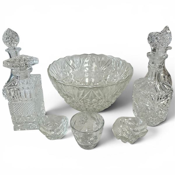 Shelf of Crystal and Glass Items - Features the Thumbprint Crystal 12" Decanter