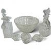 Image 1 : Shelf of Crystal and Glass Items - Features the Thumbprint Crystal 12" Decanter