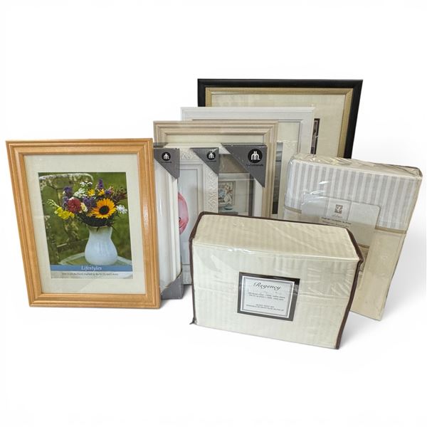 Group of Picture Frames and 2 New Queen Size Sheet Sets in Neutral Colours