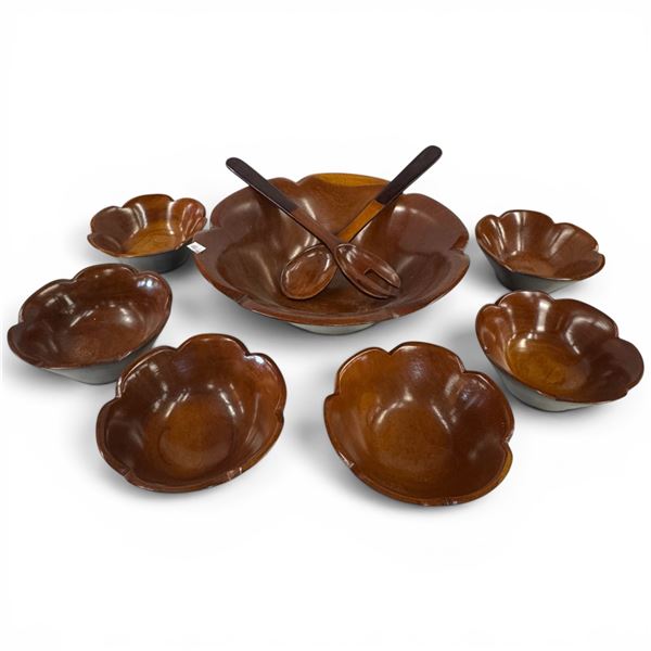 Large Wood Salad Bowl Set - 13" Bowl, 6 x 6" Bowls and Salad Servers
