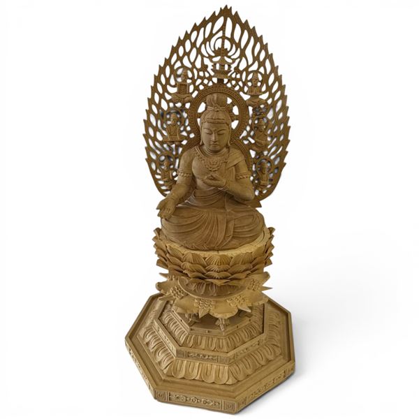 Carved Boxwood Buddha on Lotus Throne - 12" tall x 6" diameter