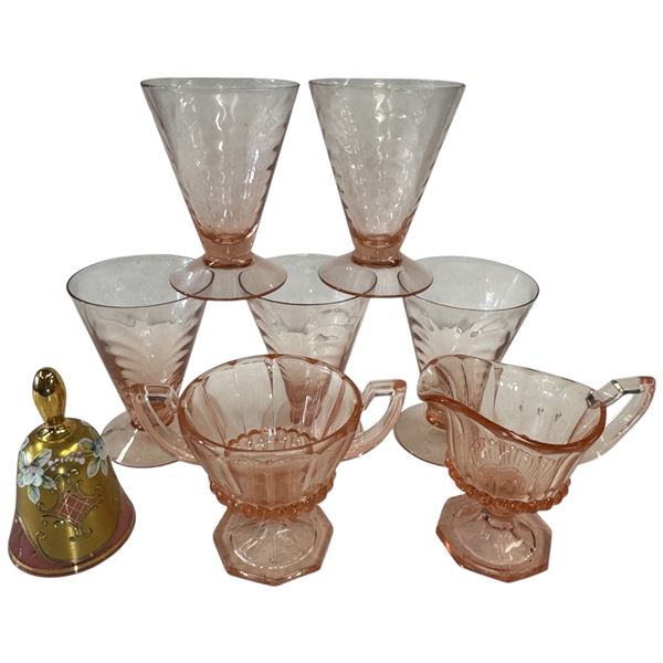 Group of Vintage Pink Glass - 5 Optic Pink Parfait Glasses, Heisey Flamingo Pink Cream & Sugar and G