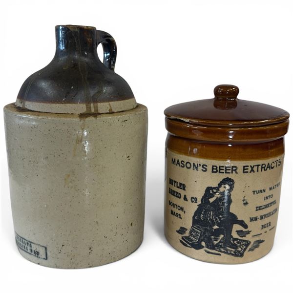 Half Gallon Medalta Pottery Jug & Mason's Beer Extracts Ceramic Canister (canister has a  chip in th
