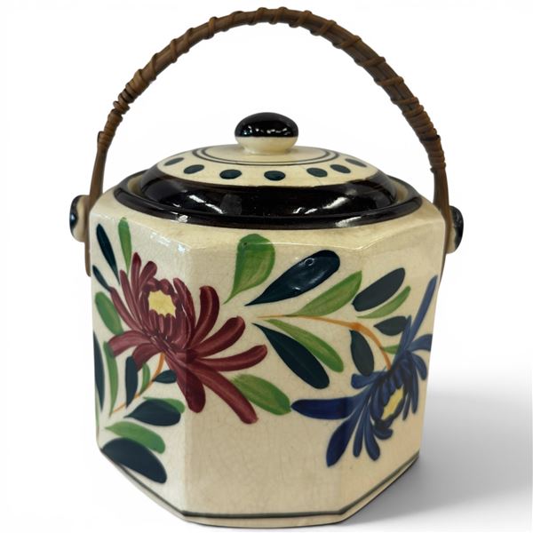 Vintage Hand Painted Porcelain Biscuit Jar with Handle - 7" diameter