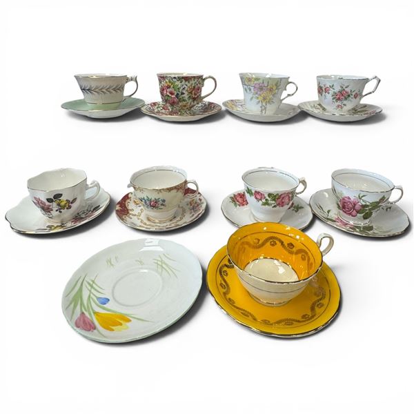 9 Vintage English China Teacups with Matching Saucers