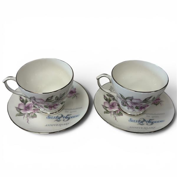 Pair of Duchess "Gotham" Silver Anniversary Teacups with Matching Saucers