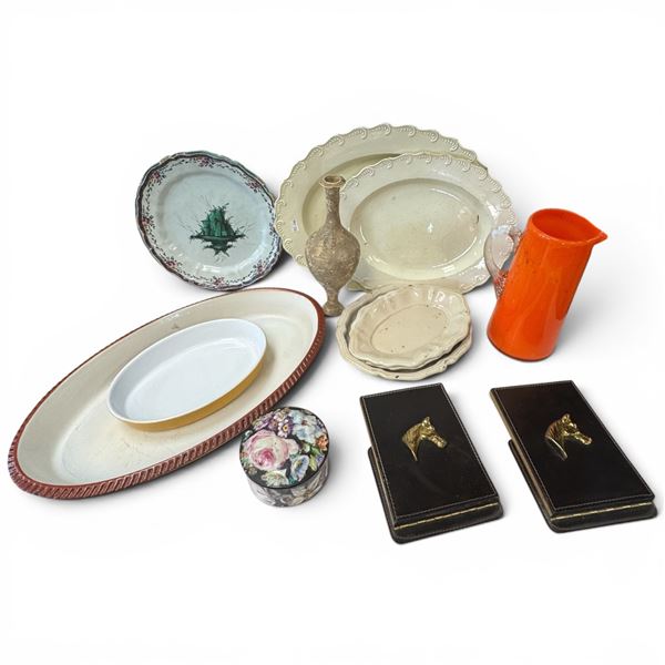 Group of Vintage Decorative Items - Horse Themed Bookends, Orange Glass Pitcher with Applied Handle,
