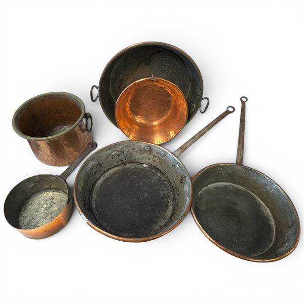 5 Antique Copper Cooking Pans & 1 Jardinière - Largest Pan is 3" deep x 12" diameter