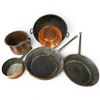Image 1 : 5 Antique Copper Cooking Pans & 1 Jardinière - Largest Pan is 3" deep x 12" diameter