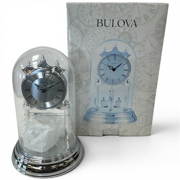 New in Box Bulova "Tristan II" Revolving Pendulum Glass Dome Clock with Chrome Finish - 9" tall x 6"