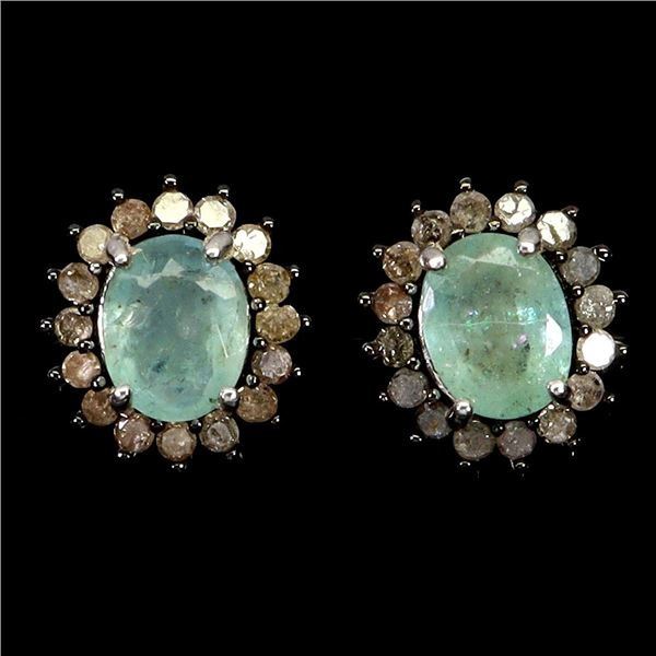 LUXURIOUS 6X4 MM GOOD CLARITY EMERALD AND 32 PCS. NATURAL DIAMONDS EARRINGS IN 14K WHITE GOLD OVER 9