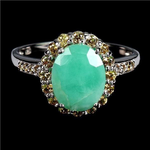 BIG 10X8 MM EMERALD and SAPPHIRES RING in 14K WHITE GOLD over 925 STERLING SILVER
