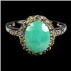 Image 1 : BIG 10X8 MM EMERALD and SAPPHIRES RING in 14K WHITE GOLD over 925 STERLING SILVER