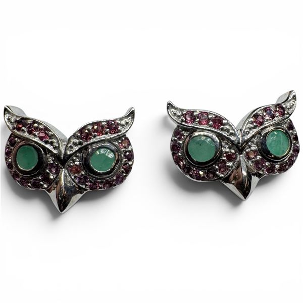 OWL-SHAPED EARRRINGS WITH EMERALD AND RHODOLITE GARNET IN 14K WHITE GOLD OVER 925 STERLING SILV